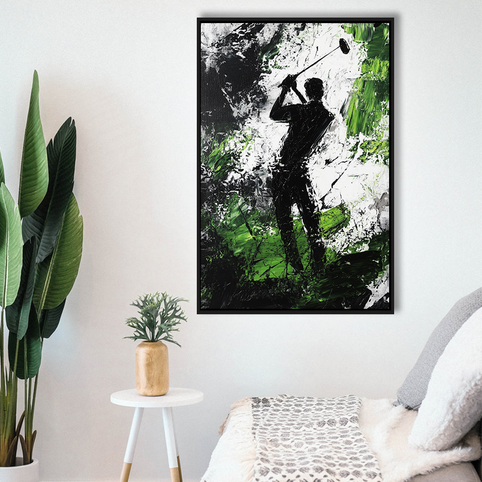 Abstract Man Palying Golf, Oil Painting, Golf Art Print, Floating Frame, Framed Canvas Print Wall Art