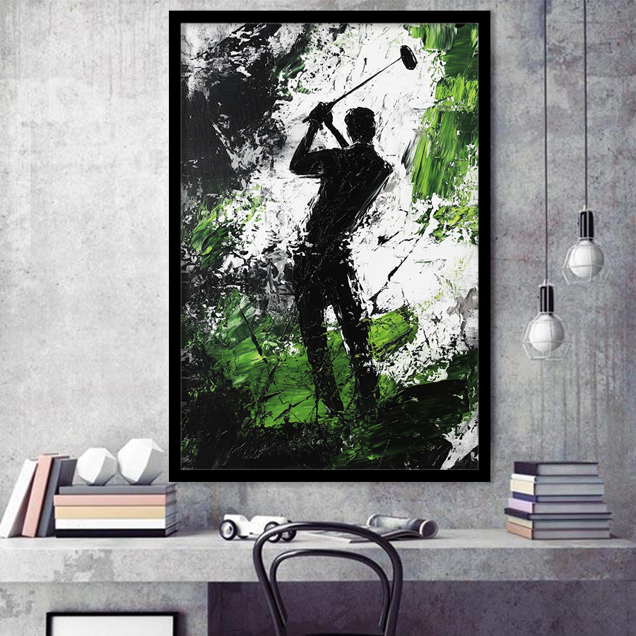 Abstract Man Palying Golf, Oil Painting, Golf Art, Gift for him, Framed Art Print Wall Decor