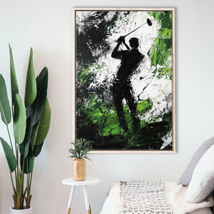 Abstract Man Palying Golf, Oil Painting, Golf Art Print, Floating Frame, Framed Canvas Print Wall Art