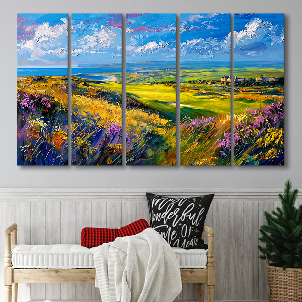 Acrylic Painting St. Andrews Golf Club Old Course, Golf Art Print, Extra Large 5 Panel, Canvas Prints Wall Art