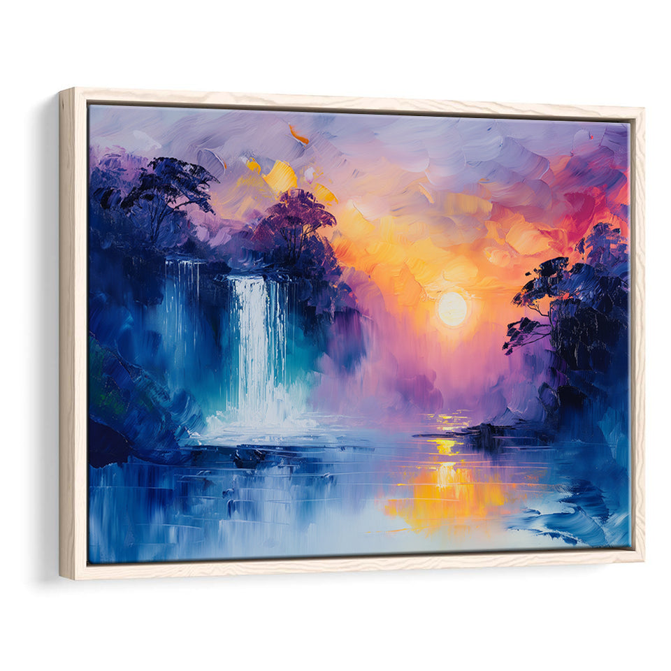 Acrylic Painting Waterfall In The Sunset, Floating Frame, Framed Canvas Print Wall Art Home Decor