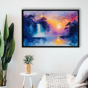 Acrylic Painting Waterfall In The Sunset, Floating Frame, Framed Canvas Print Wall Art Home Decor