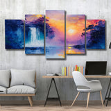 Acrylic Painting Waterfall In The Sunset, Multi Panel,Mixed Canvas Print Wall Art Decor