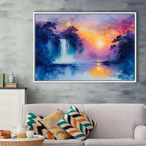 Acrylic Painting Waterfall In The Sunset, Floating Frame, Framed Canvas Print Wall Art Home Decor