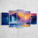 Acrylic Painting Waterfall In The Sunset, Multi Panel,Mixed Canvas Print Wall Art Decor