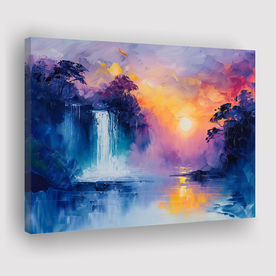 Acrylic Painting Waterfall In The Sunset, Art Print, Canvas Print Wall Art Home Decor