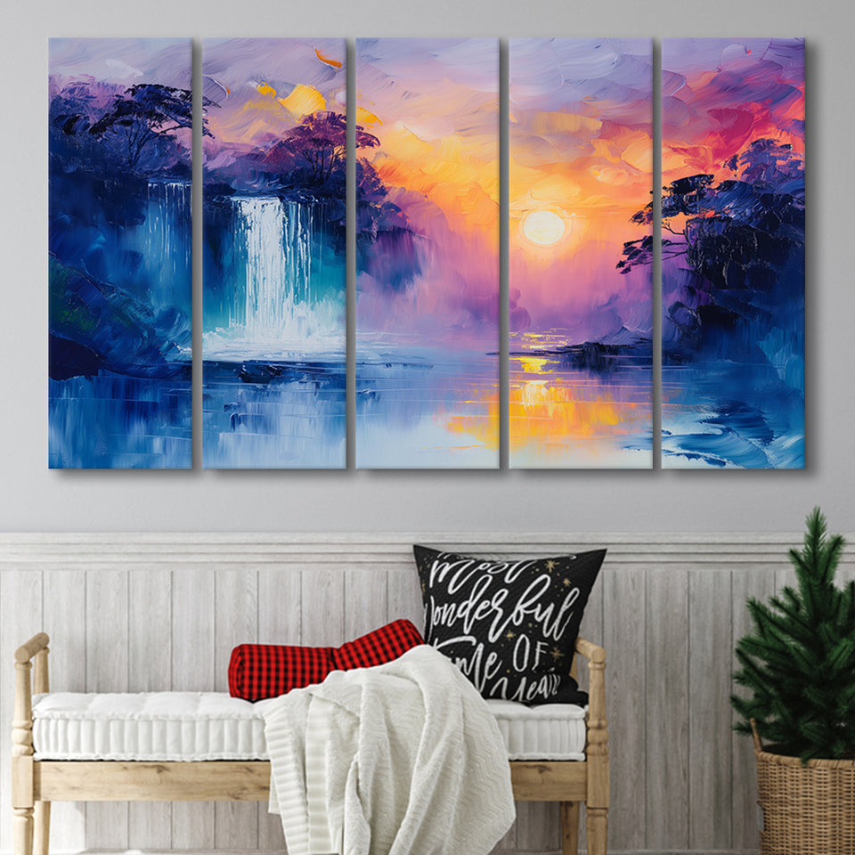 Acrylic Painting Waterfall In The Sunset, Extra Large Canvas, Canvas Print Wall Art Decor