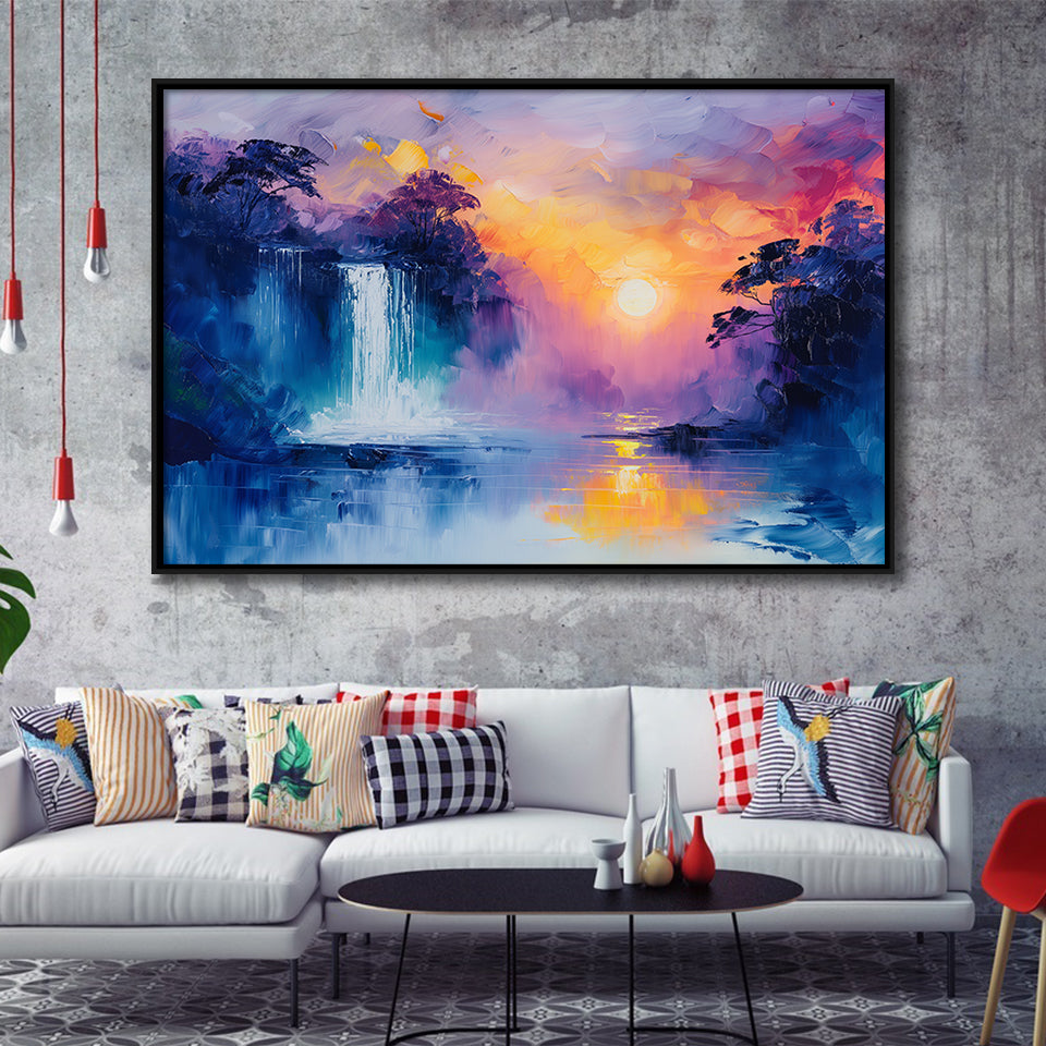 Acrylic Painting Waterfall In The Sunset, Floating Frame, Framed Canvas Print Wall Art Home Decor