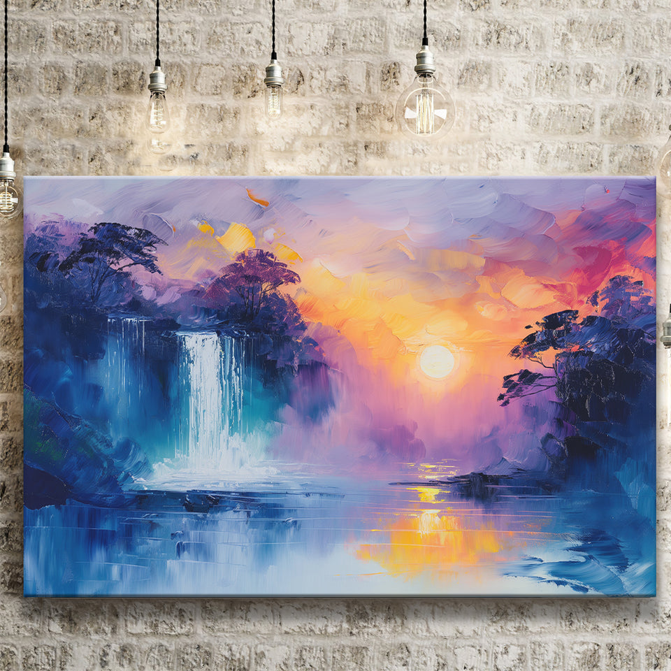 Acrylic Painting Waterfall In The Sunset, Art Print, Canvas Print Wall Art Home Decor