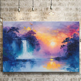 Acrylic Painting Waterfall In The Sunset, Art Print, Canvas Print Wall Art Home Decor