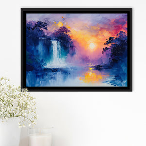 Acrylic Painting Waterfall In The Sunset, Floating Frame, Framed Canvas Print Wall Art Home Decor