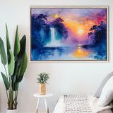 Acrylic Painting Waterfall In The Sunset, Floating Frame, Framed Canvas Print Wall Art Home Decor