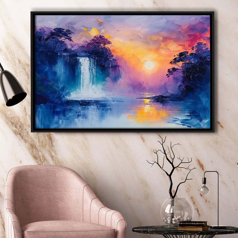 Acrylic Painting Waterfall In The Sunset, Floating Frame, Framed Canvas Print Wall Art Home Decor