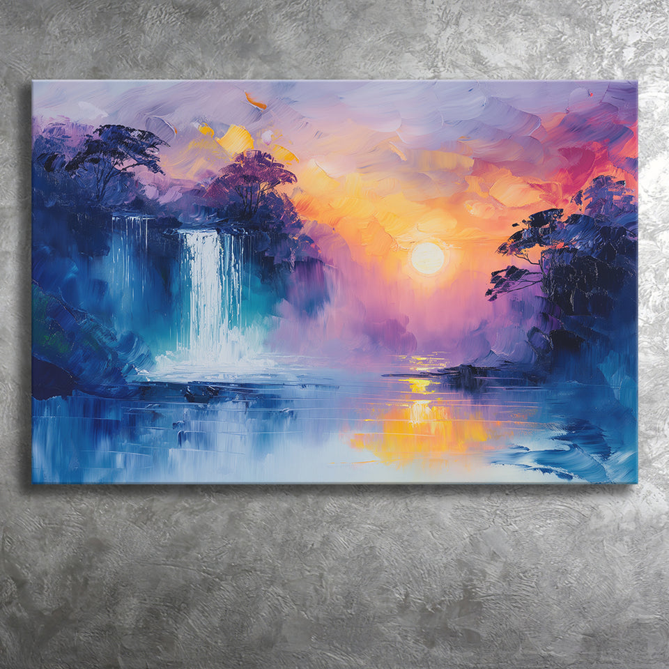 Acrylic Painting Waterfall In The Sunset, Art Print, Canvas Print Wall Art Home Decor