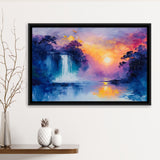 Acrylic Painting Waterfall In The Sunset, Floating Frame, Framed Canvas Print Wall Art Home Decor