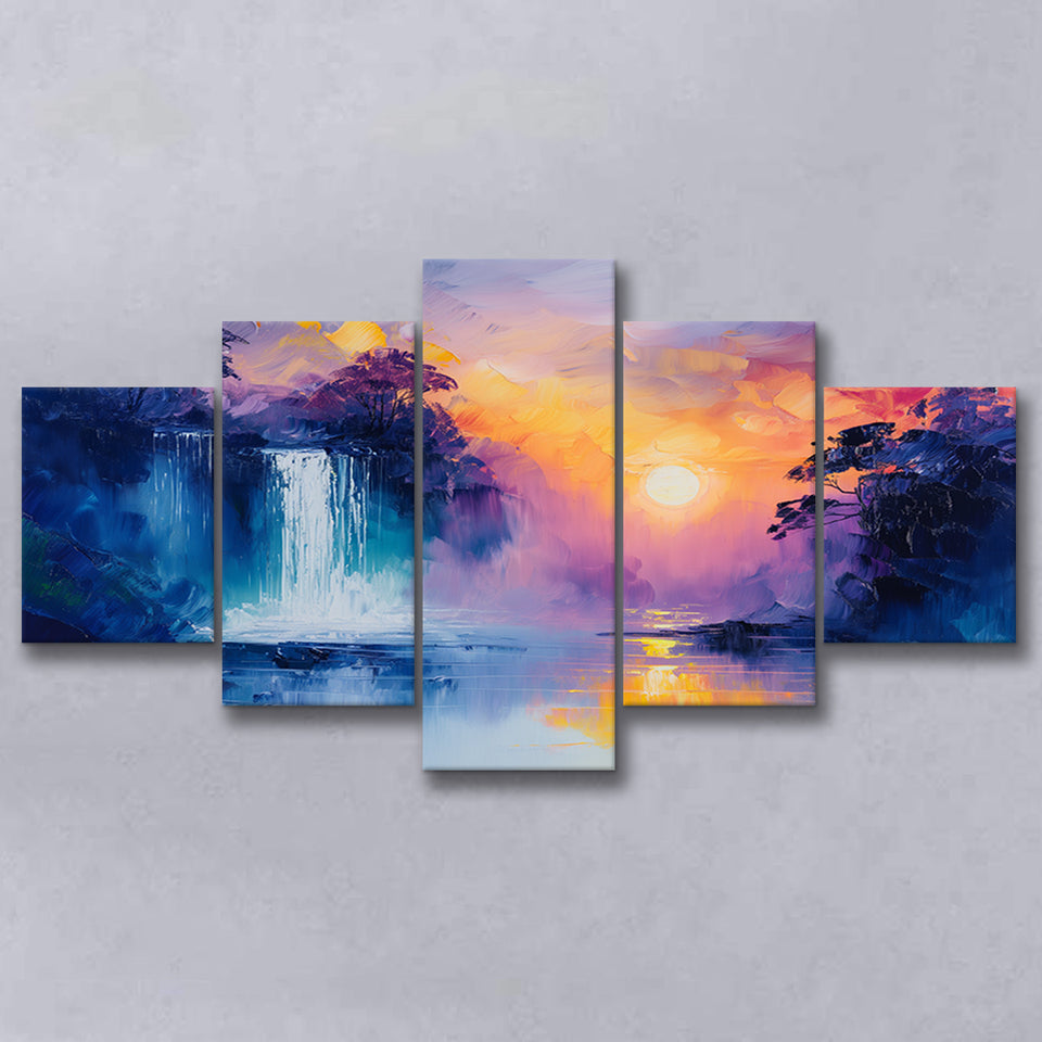 Acrylic Painting Waterfall In The Sunset, Multi Panel,Mixed Canvas Print Wall Art Decor