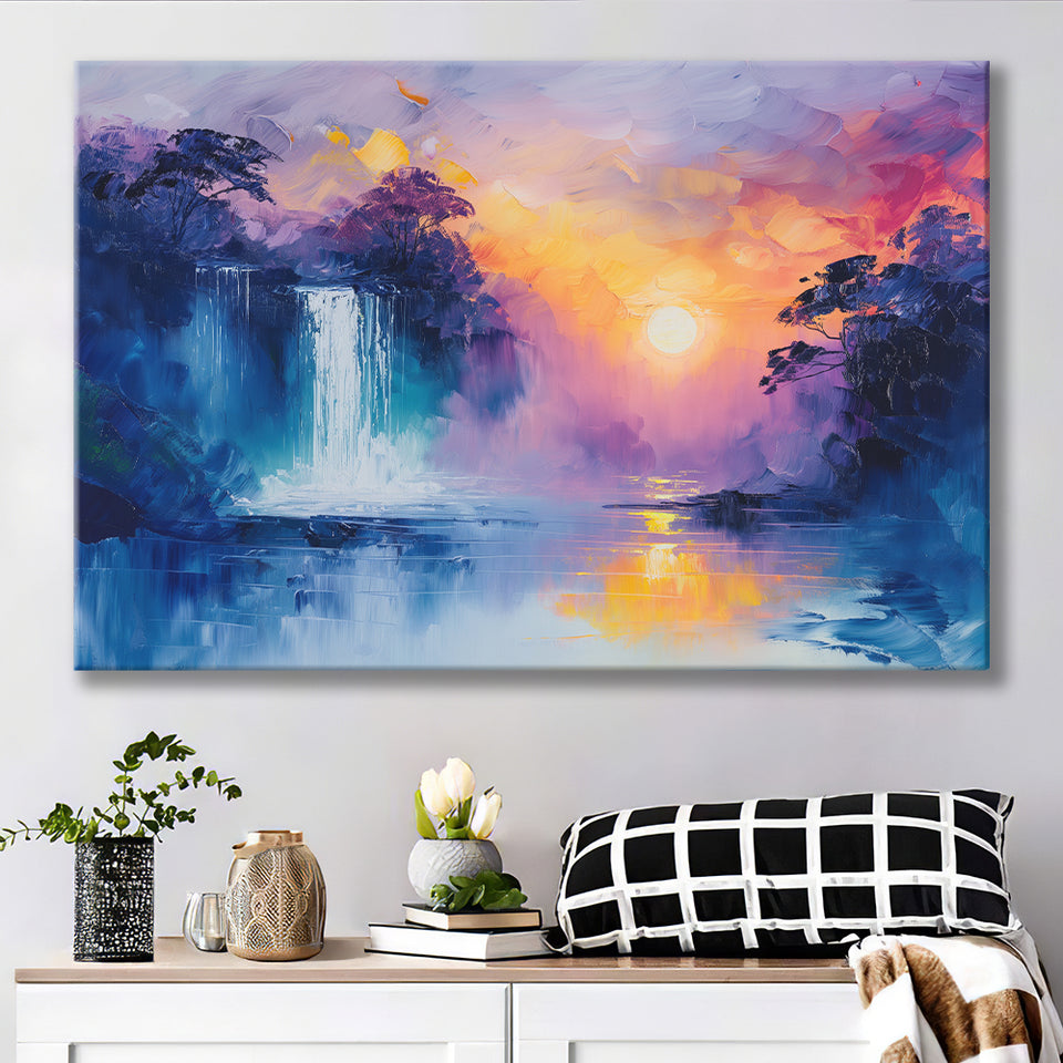 Acrylic Painting Waterfall In The Sunset, Art Print, Canvas Print Wall Art Home Decor