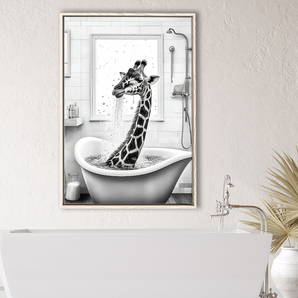Adorable Giraffe In Tub Printable Framed Canvas Prints Wall Art, Bathroom Kids Art, Bathroom Wall Decor