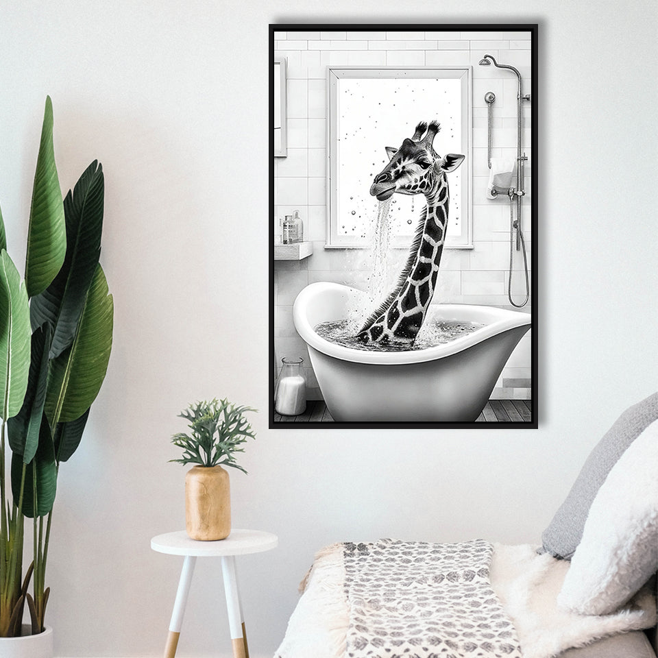 Adorable Giraffe In Tub Printable Framed Canvas Prints Wall Art, Bathroom Kids Art, Bathroom Wall Decor