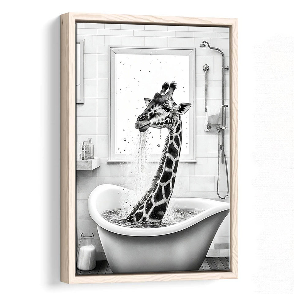 Adorable Giraffe In Tub Printable Framed Canvas Prints Wall Art, Bathroom Kids Art, Bathroom Wall Decor