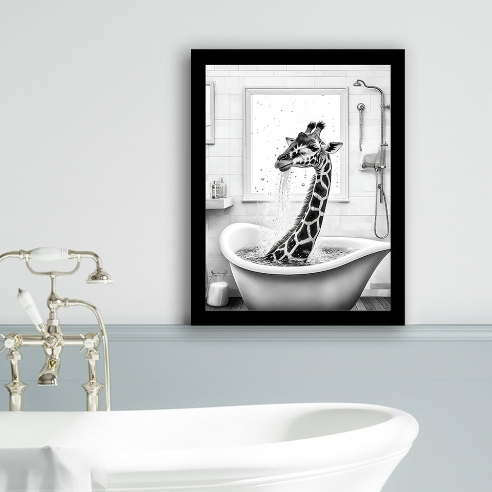 Adorable Giraffe In Tub Printable Framed Art Print Wall Decor, Bathroom Kids Art, Bathroom Wall Decor