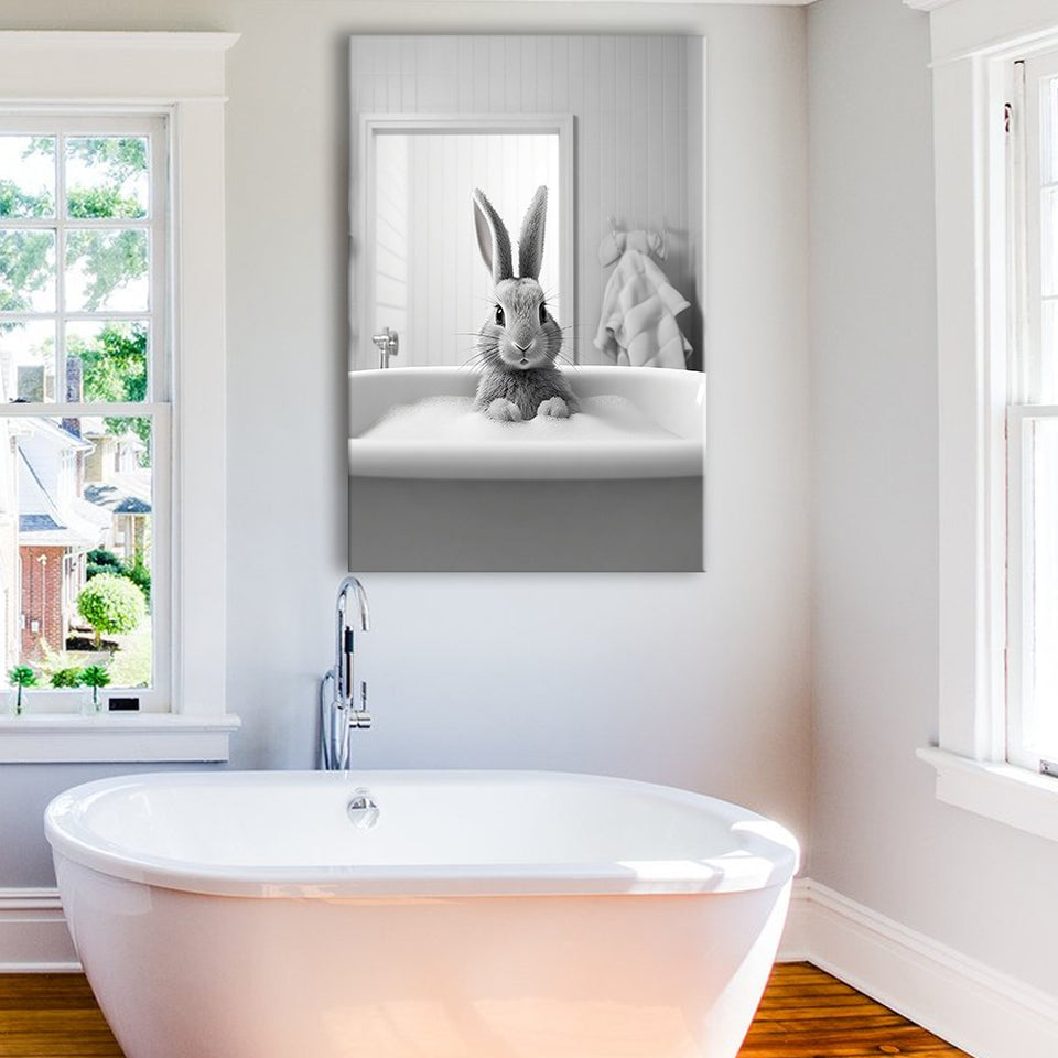 Adorable rabbit in Tub Printable Canvas Prints Wall Art, Bathroom kids art, Bathroom wall decor