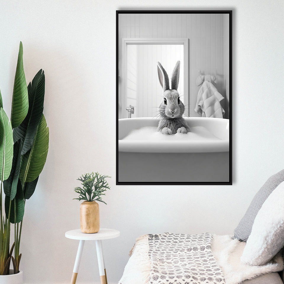 Adorable Rabbit In Tub Printable Framed Canvas Prints Wall Art, Bathroom Kids Art, Bathroom Wall Decor