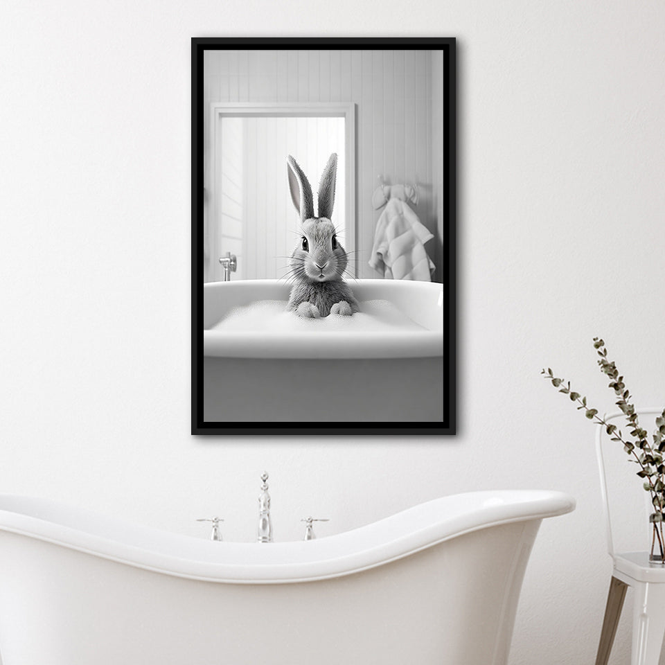 Adorable Rabbit In Tub Printable Framed Canvas Prints Wall Art, Bathroom Kids Art, Bathroom Wall Decor