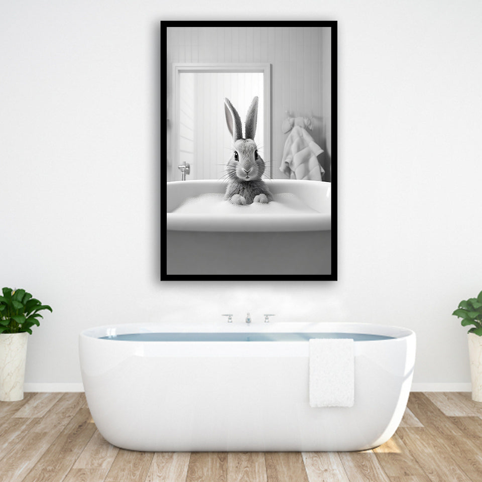 Adorable Rabbit In Tub Printable Framed Art Print Wall Decor, Bathroom Kids Art, Bathroom Wall Decor