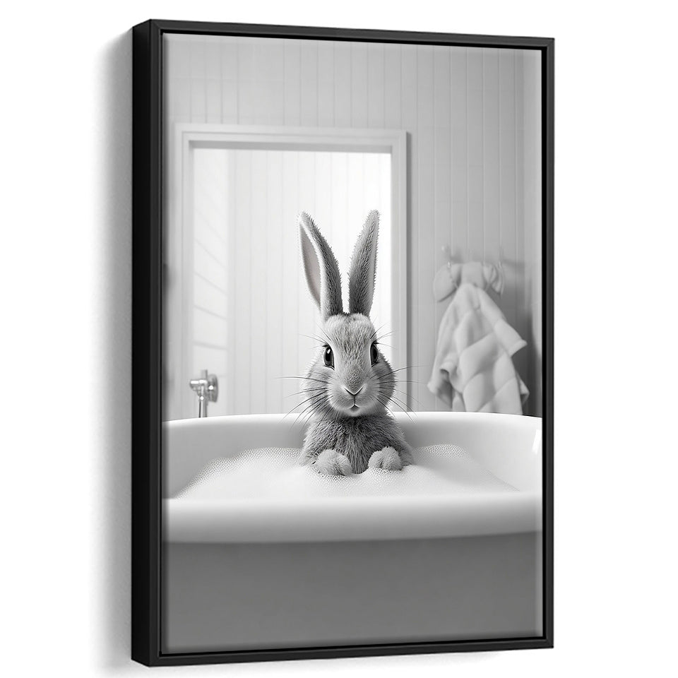 Adorable Rabbit In Tub Printable Framed Canvas Prints Wall Art, Bathroom Kids Art, Bathroom Wall Decor