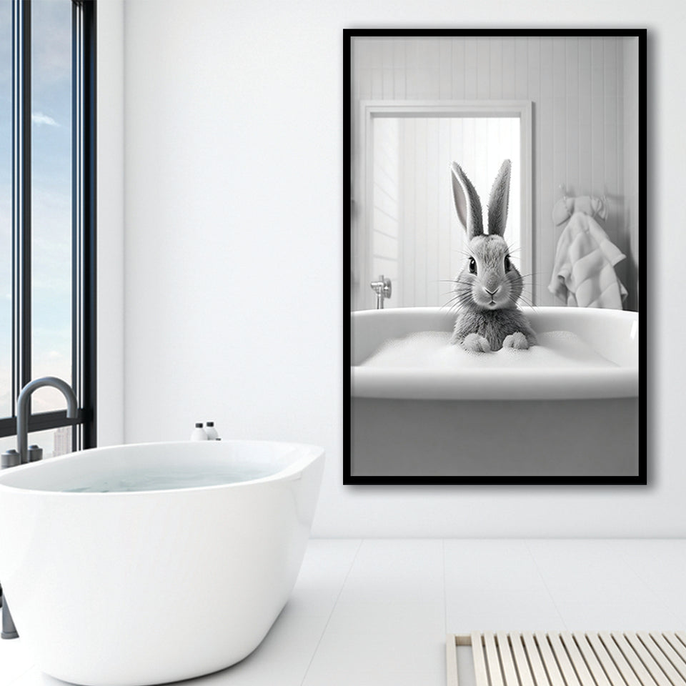Adorable Rabbit In Tub Printable Framed Art Print Wall Decor, Bathroom Kids Art, Bathroom Wall Decor