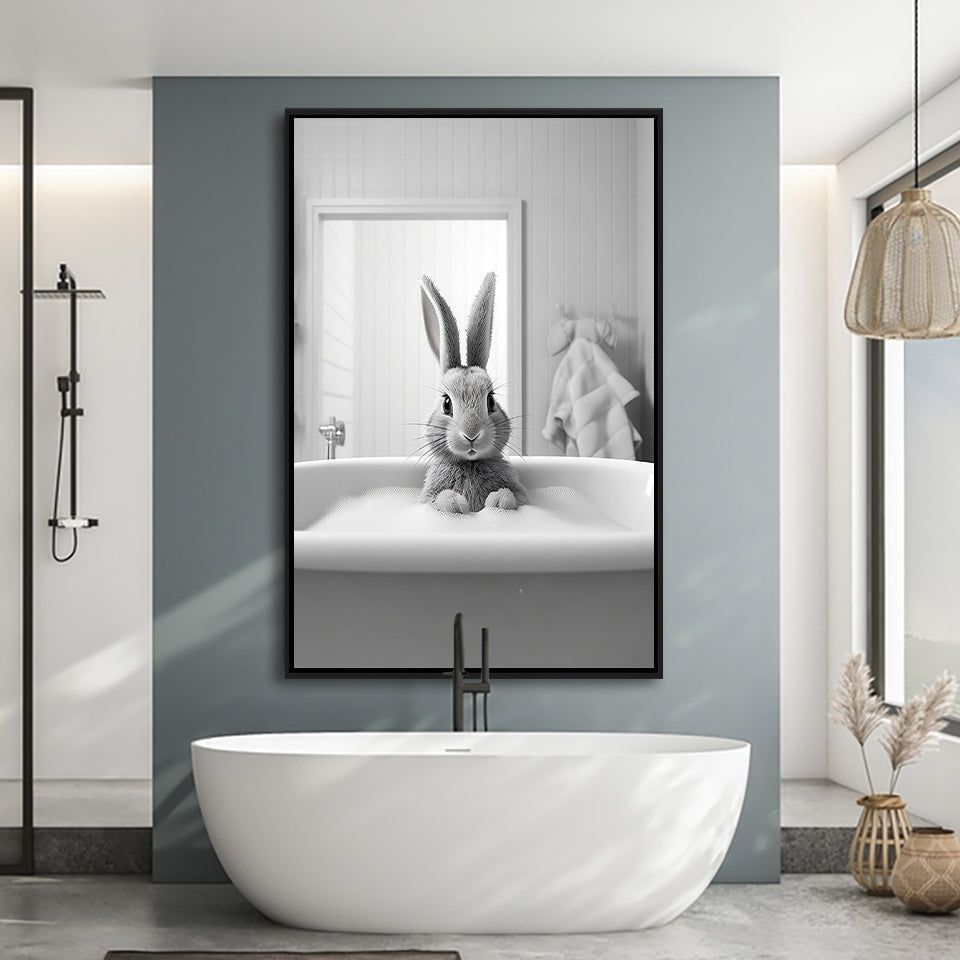 Adorable Rabbit In Tub Printable Framed Canvas Prints Wall Art, Bathroom Kids Art, Bathroom Wall Decor