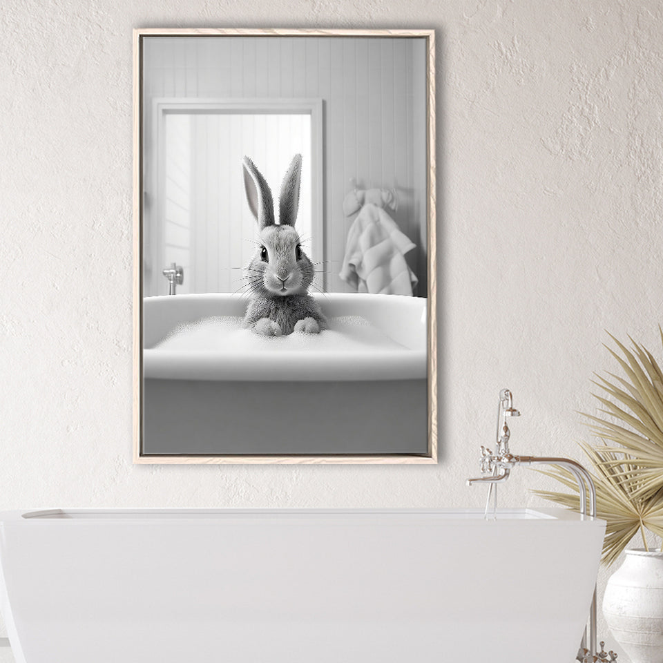 Adorable Rabbit In Tub Printable Framed Canvas Prints Wall Art, Bathroom Kids Art, Bathroom Wall Decor