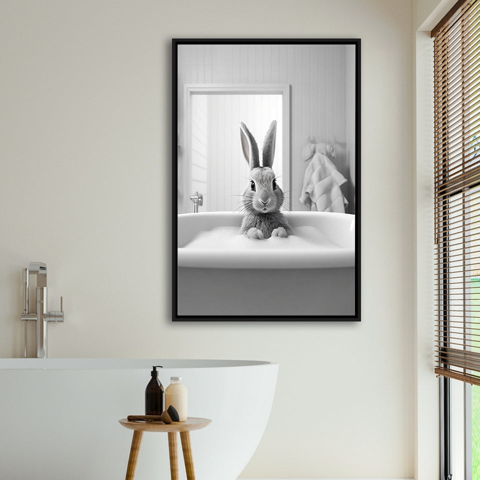 Adorable Rabbit In Tub Printable Framed Canvas Prints Wall Art, Bathroom Kids Art, Bathroom Wall Decor
