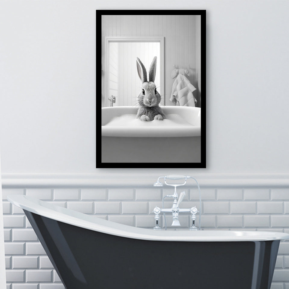 Adorable Rabbit In Tub Printable Framed Art Print Wall Decor, Bathroom Kids Art, Bathroom Wall Decor