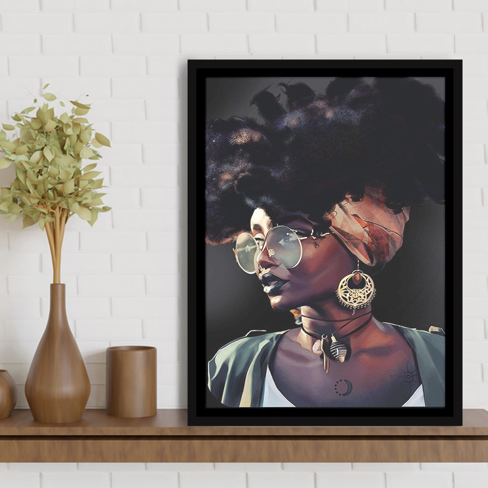 African Woman Canvas Print Gold & Black Modern Wall Art,Framed Canvas Prints Wall Art Decor, Floating Frame