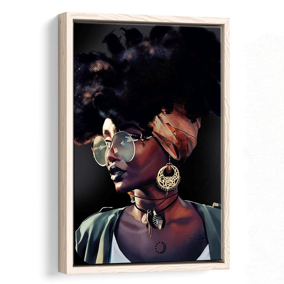 African Woman Canvas Print Gold & Black Modern Wall Art,Framed Canvas Prints Wall Art Decor, Floating Frame