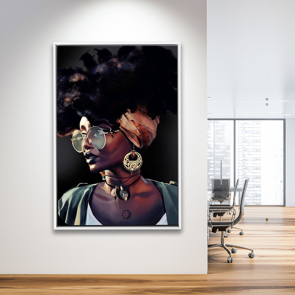 African Woman Canvas Print Gold & Black Modern Wall Art,Framed Canvas Prints Wall Art Decor, Floating Frame