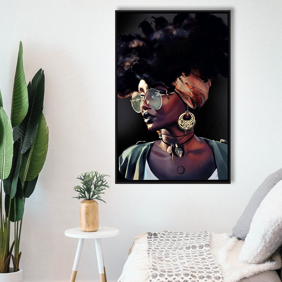 African Woman Canvas Print Gold & Black Modern Wall Art,Framed Canvas Prints Wall Art Decor, Floating Frame