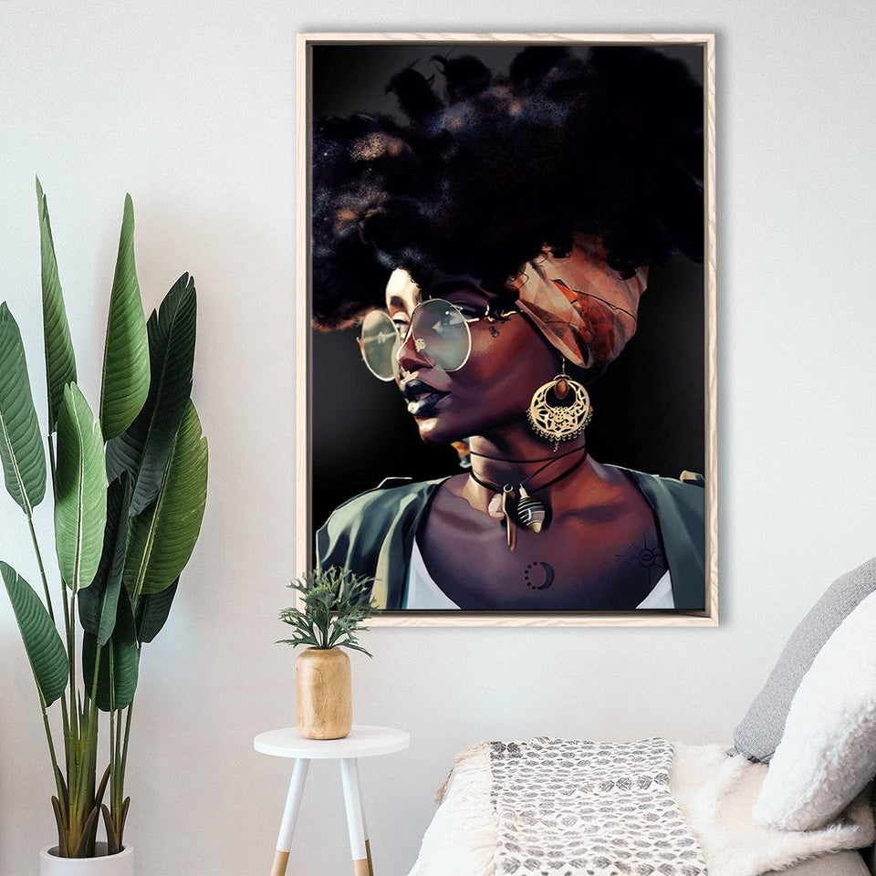 African Woman Canvas Print Gold & Black Modern Wall Art,Framed Canvas Prints Wall Art Decor, Floating Frame