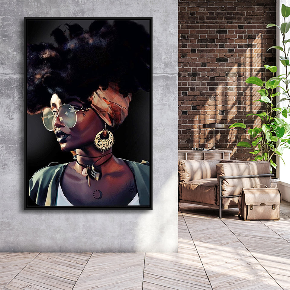 African Woman Canvas Print Gold & Black Modern Wall Art,Framed Canvas Prints Wall Art Decor, Floating Frame