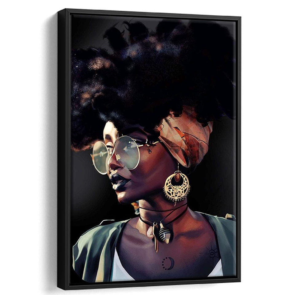 African Woman Canvas Print Gold & Black Modern Wall Art,Framed Canvas Prints Wall Art Decor, Floating Frame