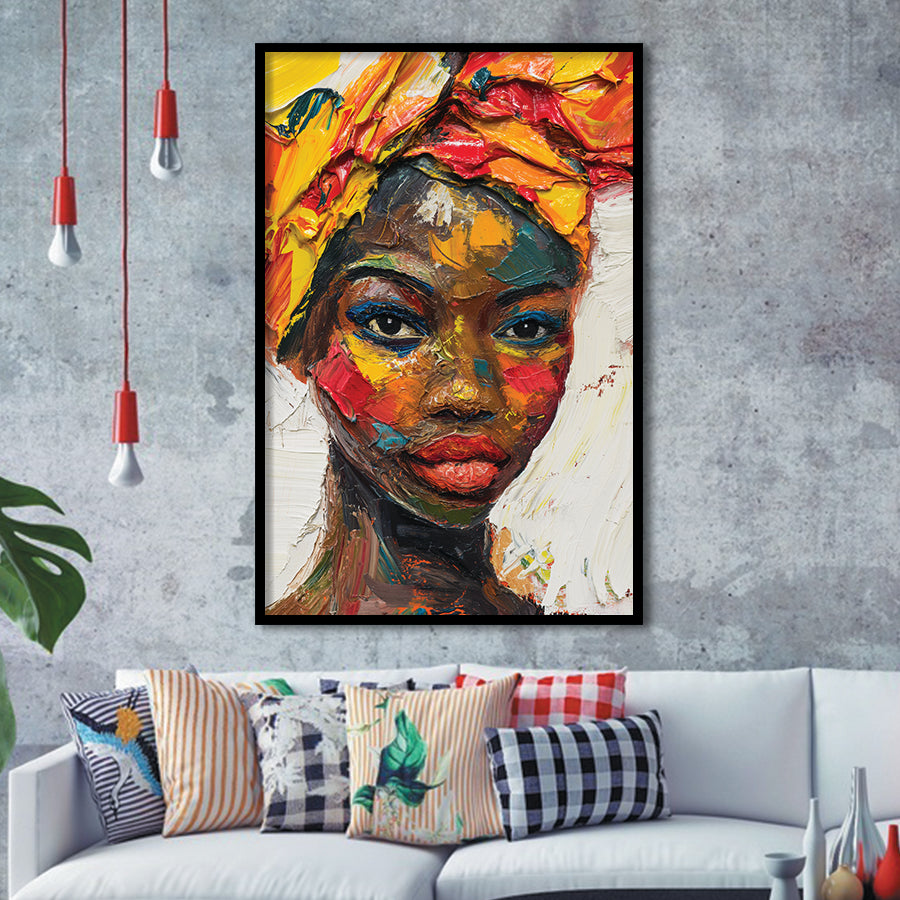 African Woman Portrait Oil Painting, Framed Art Prints Wall Decor, Picture Framed Painting