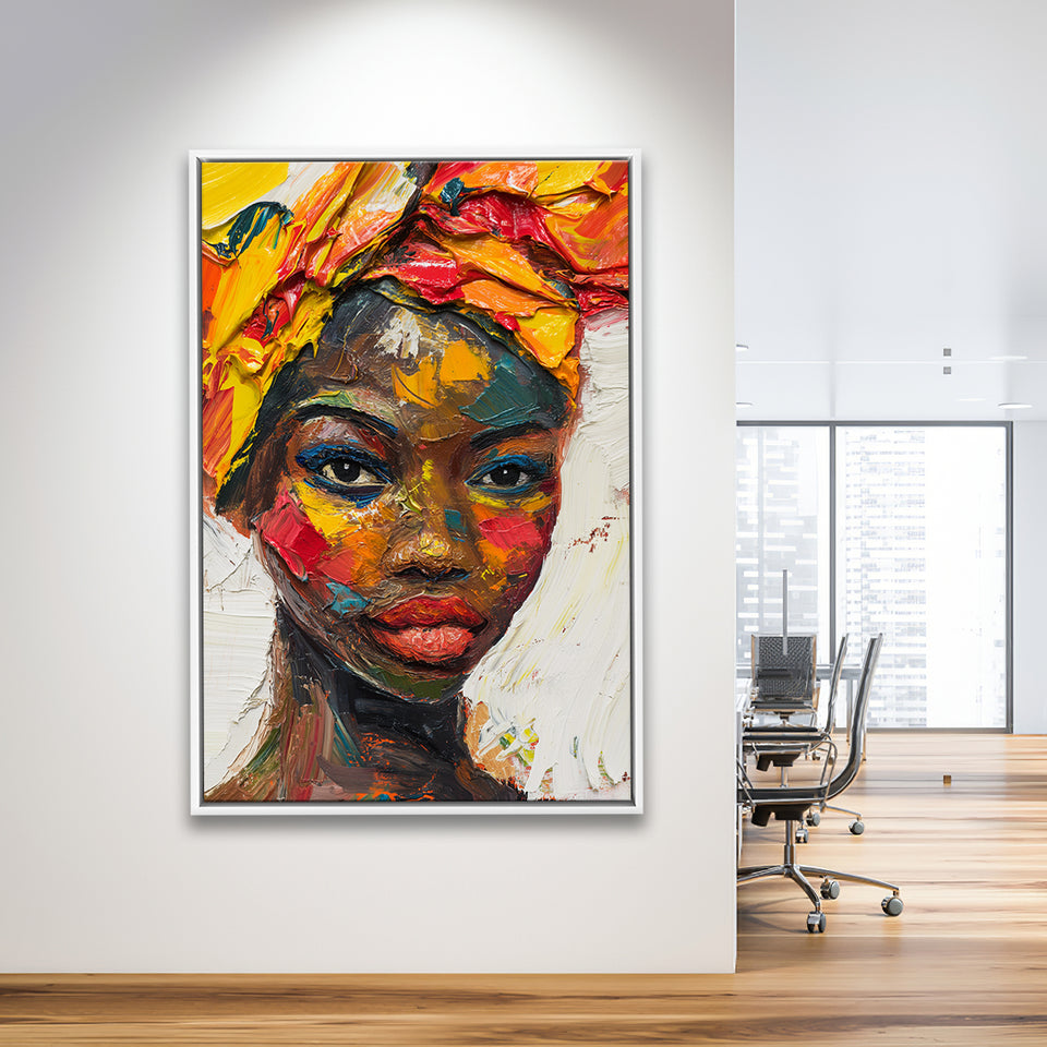 African Woman Portrait Oil Painting, Framed Canvas Prints Wall Art Decor, Floarting Frame Painting Canvas Art