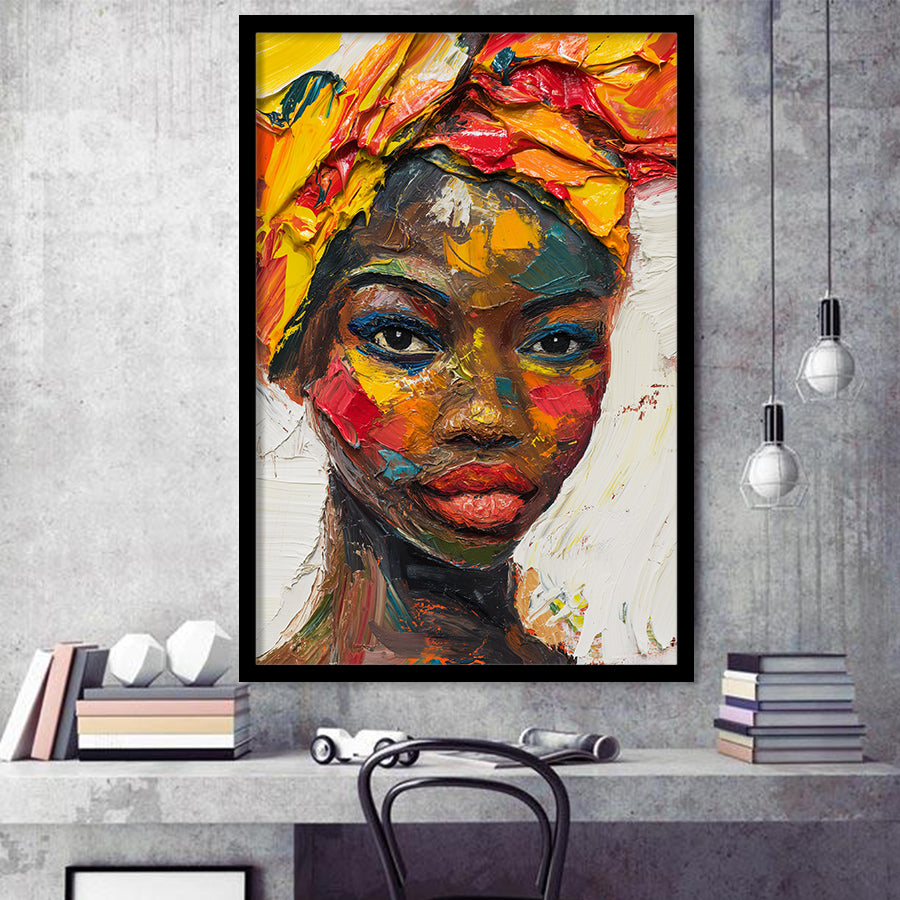 African Woman Portrait Oil Painting, Framed Art Prints Wall Decor, Picture Framed Painting