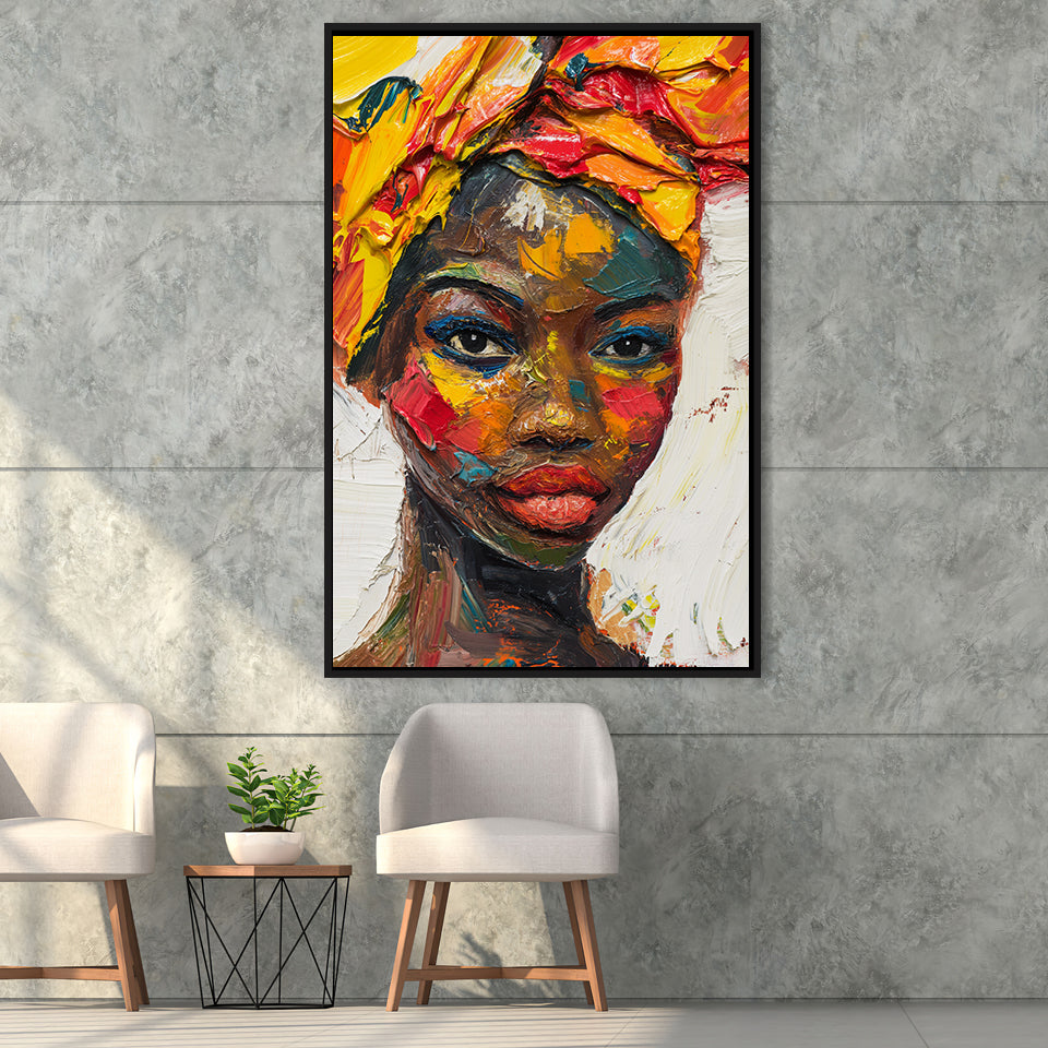 African Woman Portrait Oil Painting, Framed Canvas Prints Wall Art Decor, Floarting Frame Painting Canvas Art