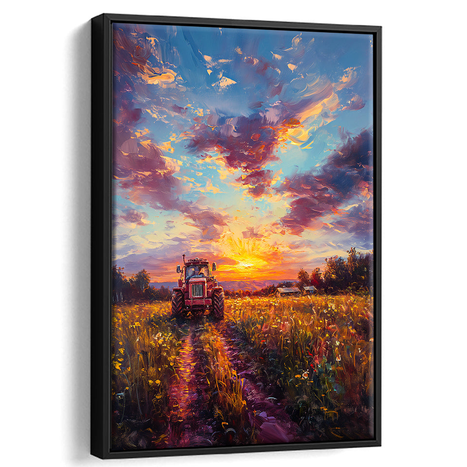 An Old Tractor in the Sunset Oil Painting, Framed Canvas Prints Wall Art Decor, Floating Frame