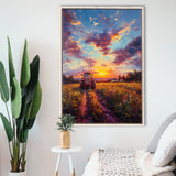 An Old Tractor in the Sunset Oil Painting, Framed Canvas Prints Wall Art Decor, Floating Frame