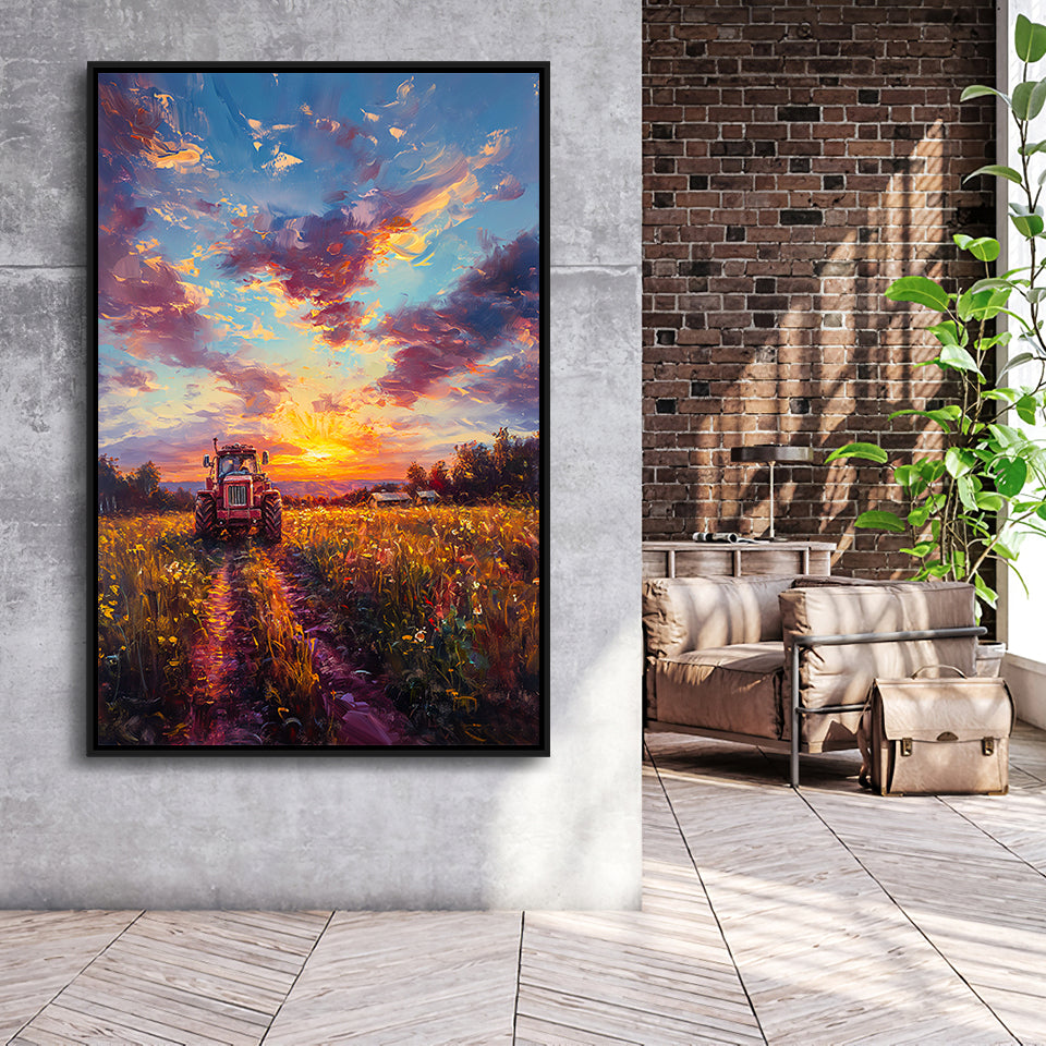 An Old Tractor in the Sunset Oil Painting, Framed Canvas Prints Wall Art Decor, Floating Frame