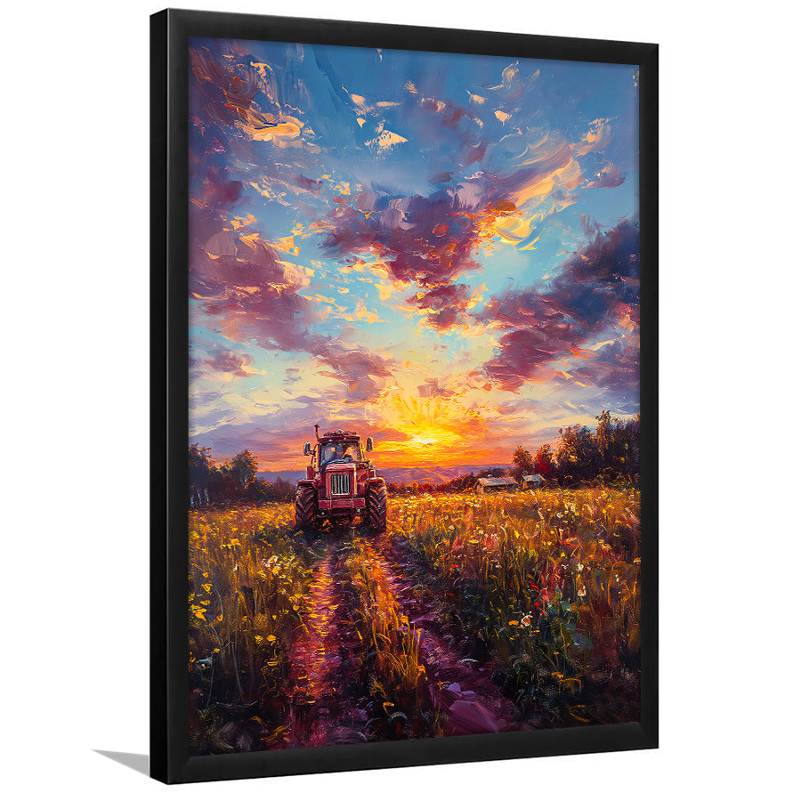 An Old Tractor in the Sunset Oil Painting, Framed Art Prints Wall Art Decor, Framed Picture Print